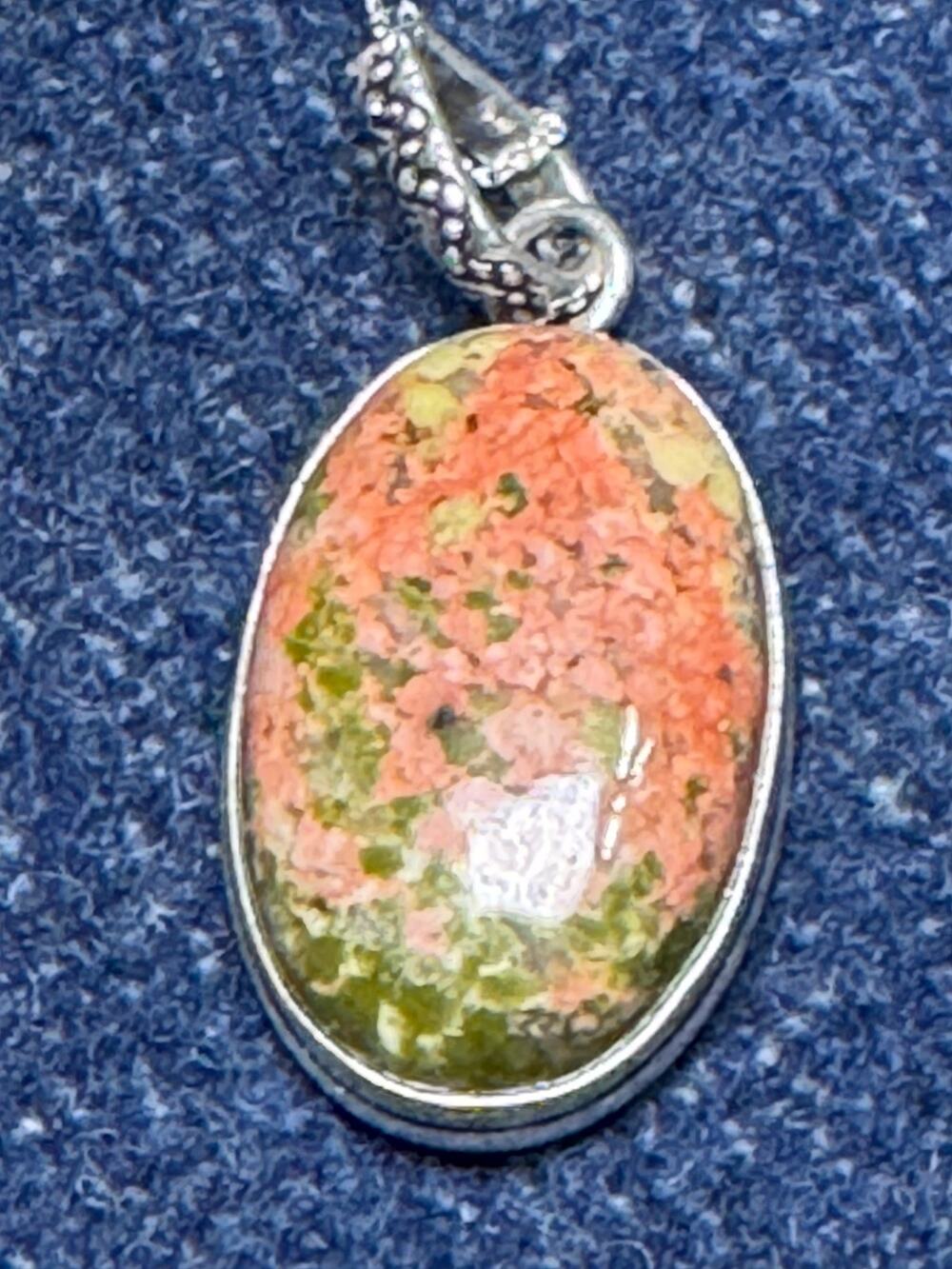 925 Sterling Silver 16in Oval Unakite Gemstone, Ornate Bail